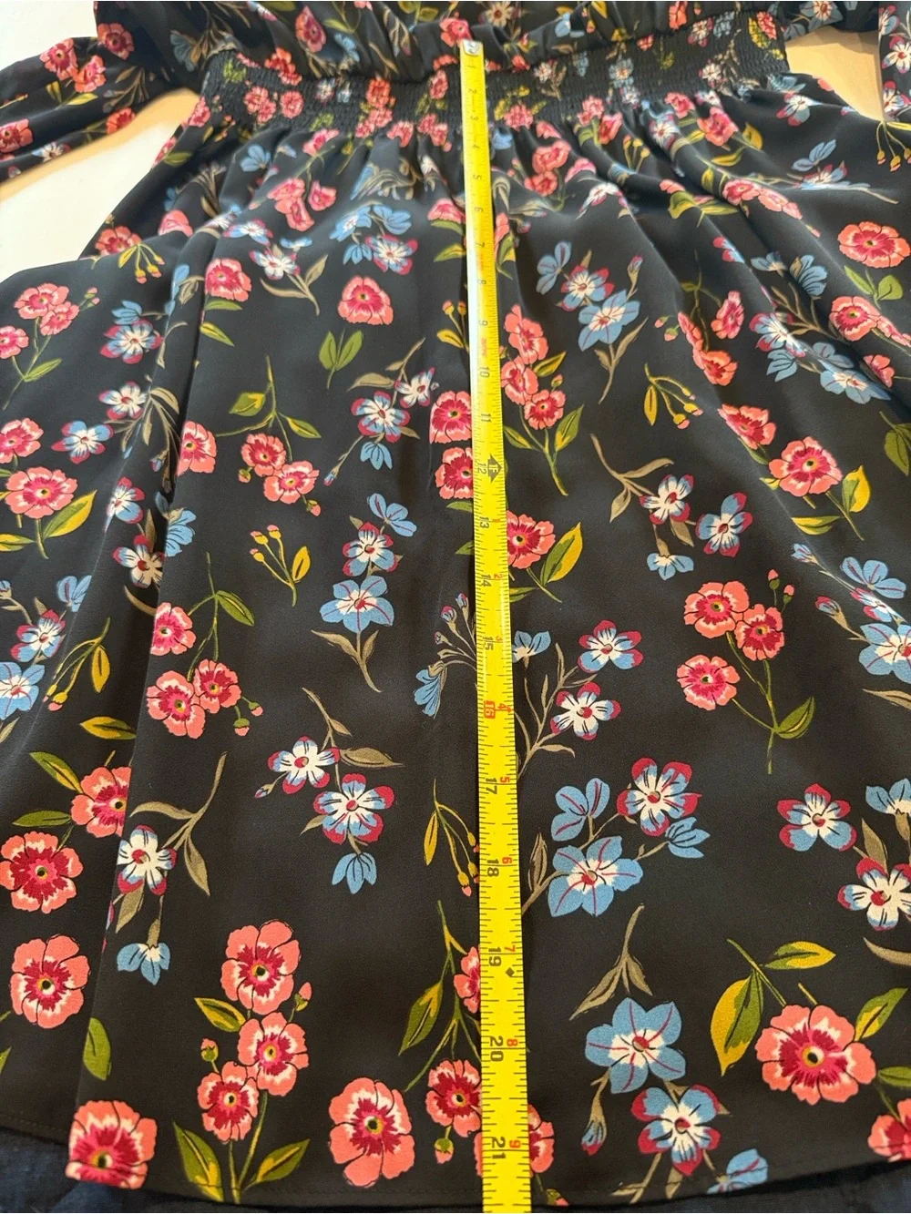 kate spade Black Floral Long-Sleeve Ruffle Neck Dress with Pink & Blue Blooms